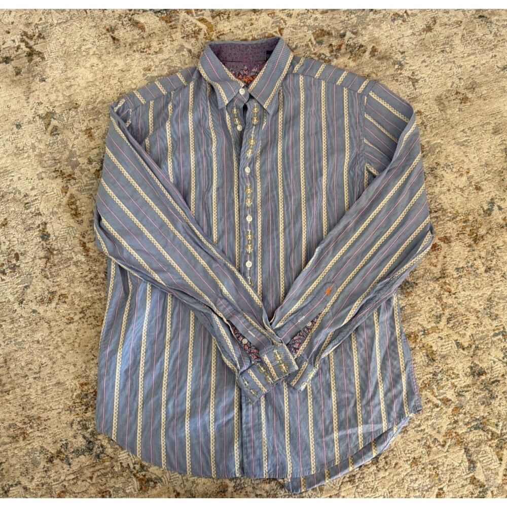 Robert Graham Men's Large Embroidered Floral Silk Trim Striped Button Down Shirt